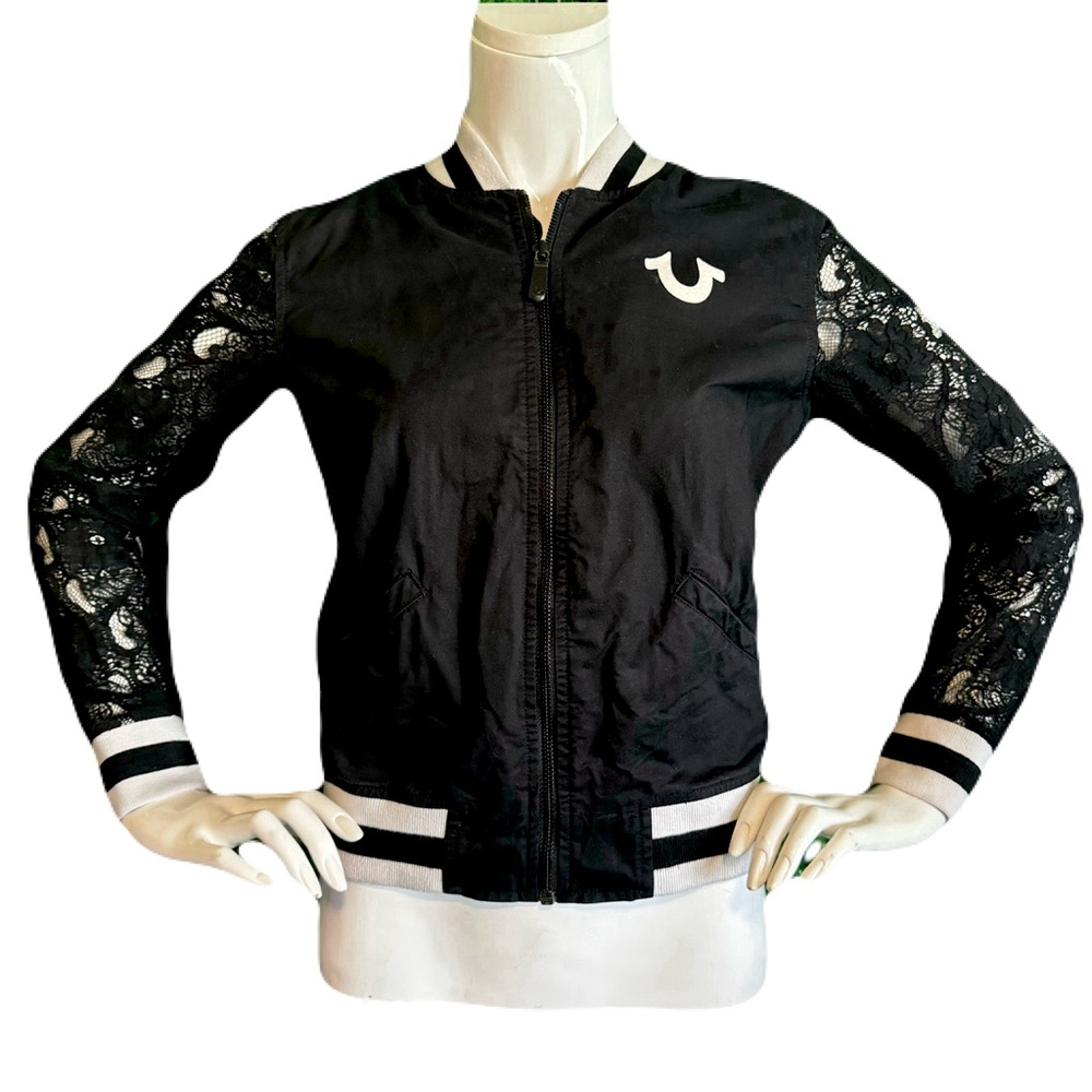 Vintage TRUE RELIGION Size XS Lace Sleeve Black Bomber Jacket World Tour Varsity